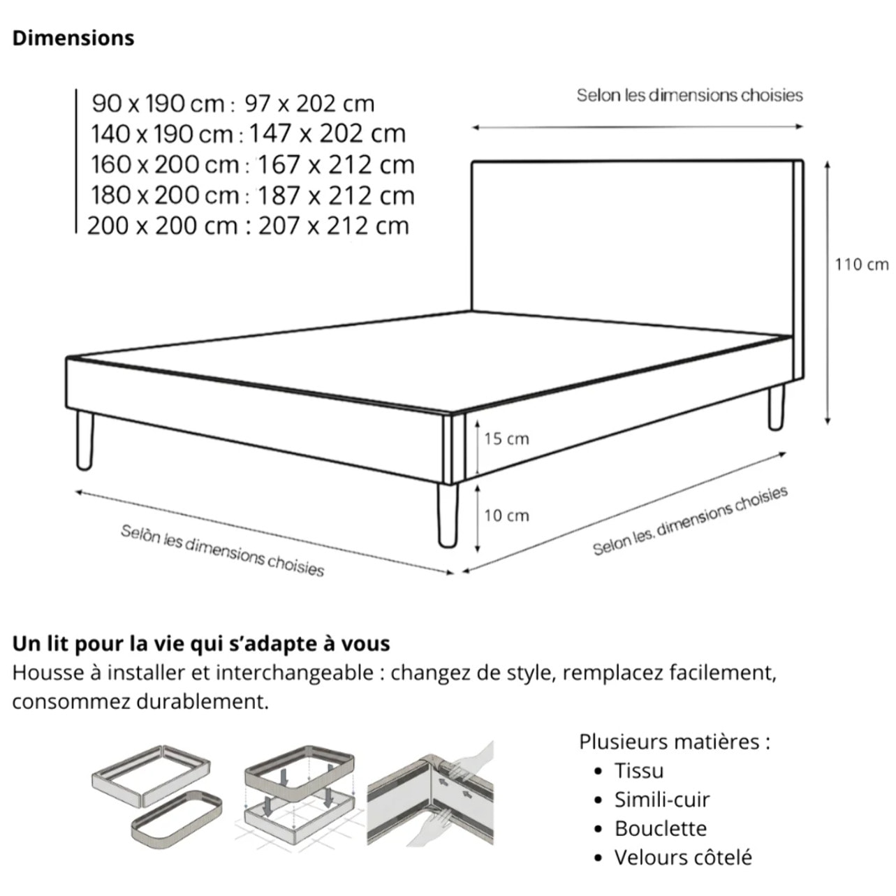 Ensemble matelas Bali & lit fixe Colisée | Mémoire de forme et ressorts ensachés | cadre à lattes | Tissu | Gris clair