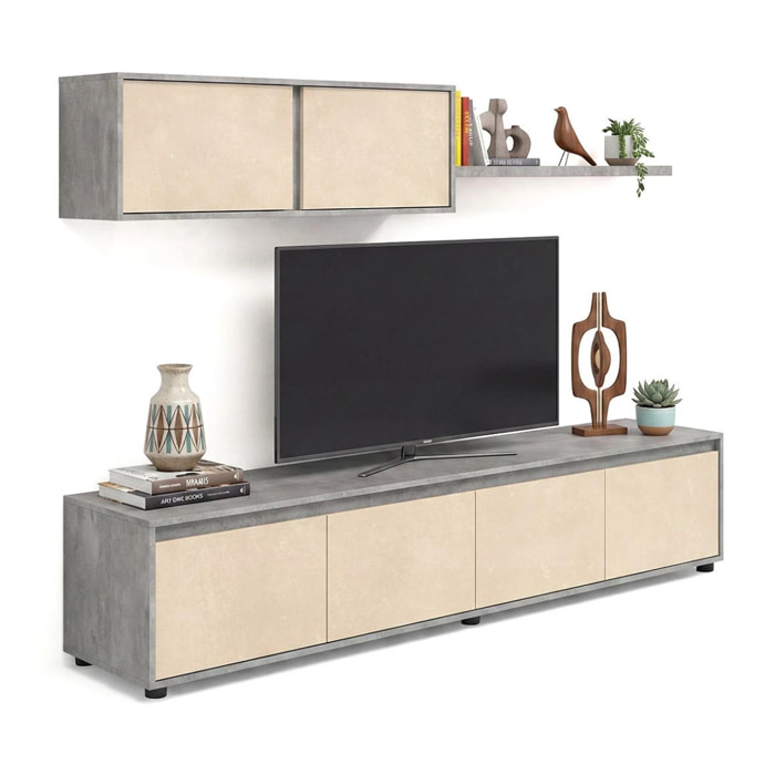 Salón con mueble de TV y estantería en gris cemento y efecto microcemento beige 200 cm Arlet Gris Cemento - Microcemento Beige