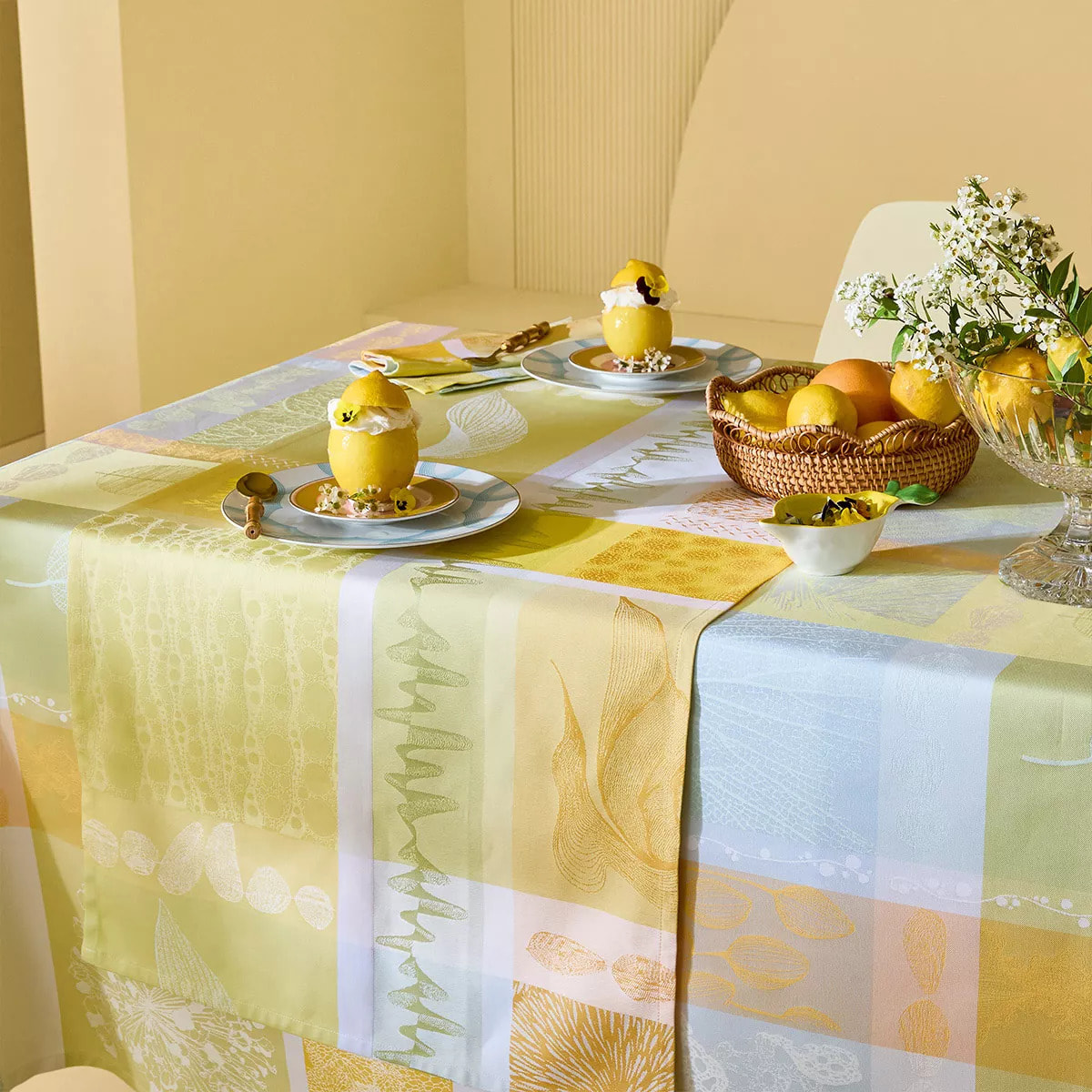 Chemin de table pur coton motif jacquard jaune vert Mille lieues aube
