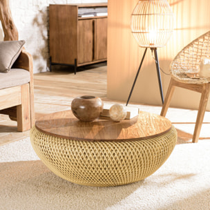 ALIDA - Table basse ronde 80x80cm en rotin beige plateau amovible