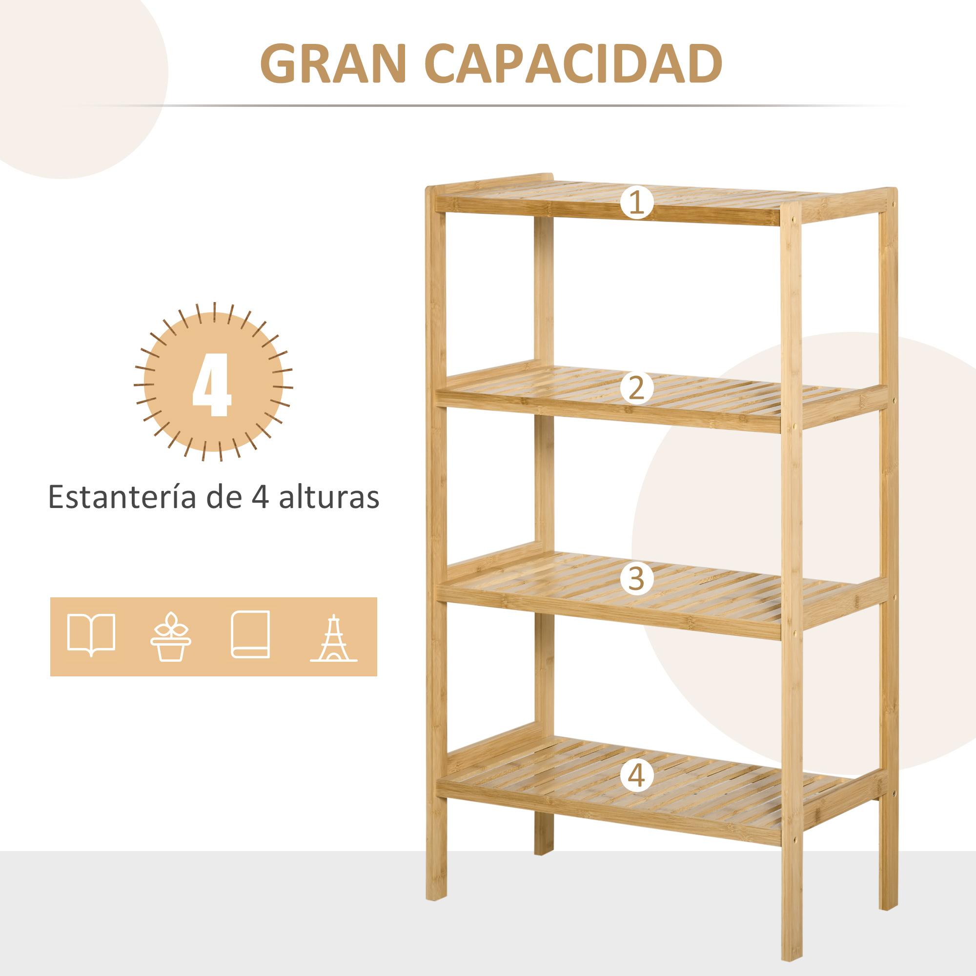 Estantería de Bambú de 4 Niveles Mueble Organizador Multifuncional para Baño Cocina Salón con Dispositivo Antivuelco 62x33x112 cm Natural