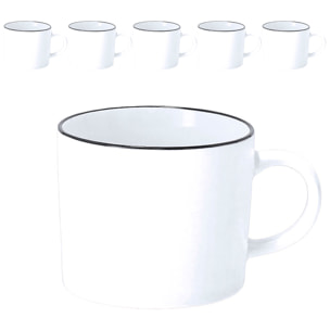 Pack de 6 Tazas de cerámica de 400 ml de capacidad de acabado exterior mate y borde en color negro.