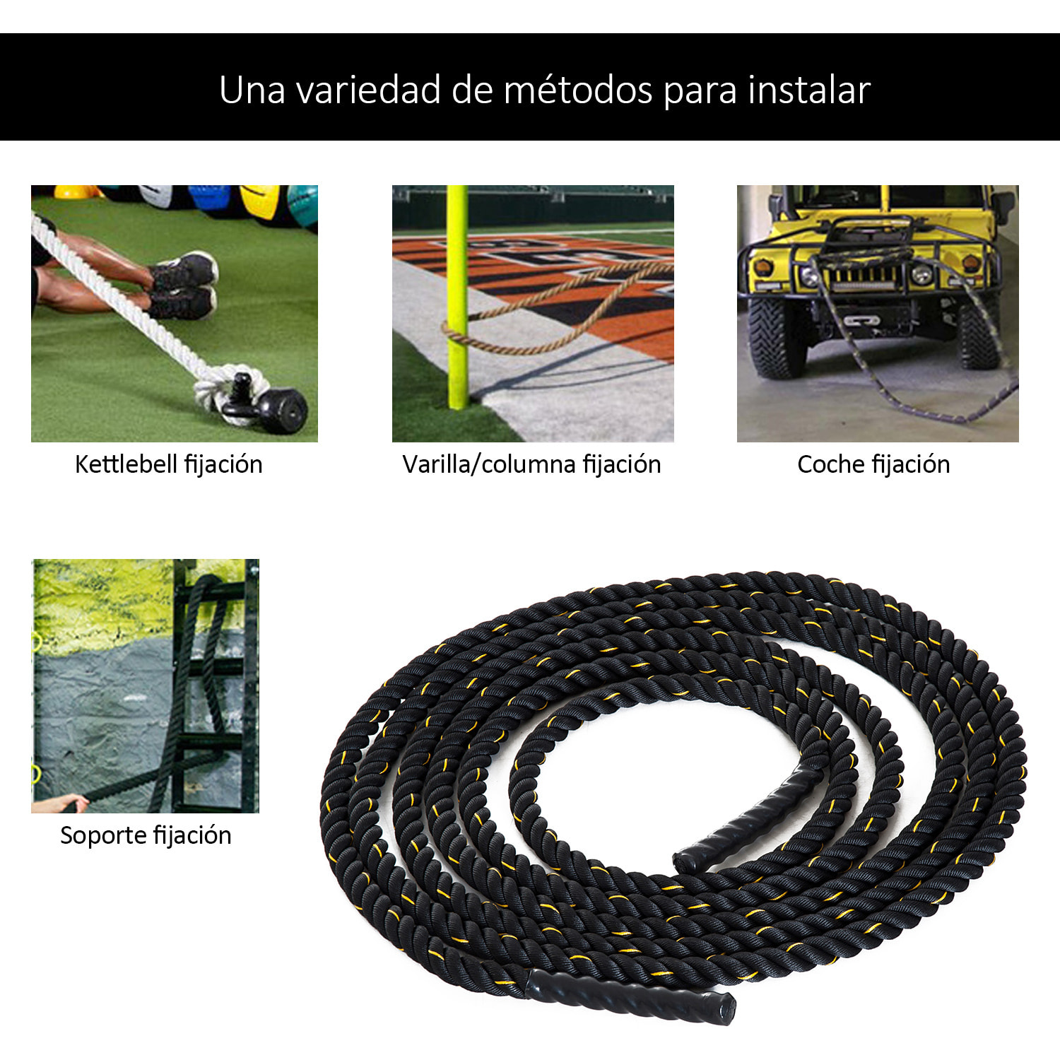 Cuerda de Batalla Ø38 mm Longitud 9 m Battle Rope Formación Battling Power Cuerda Ejercicio Fitness Deporte Poliéster Ultra Resistente Negro