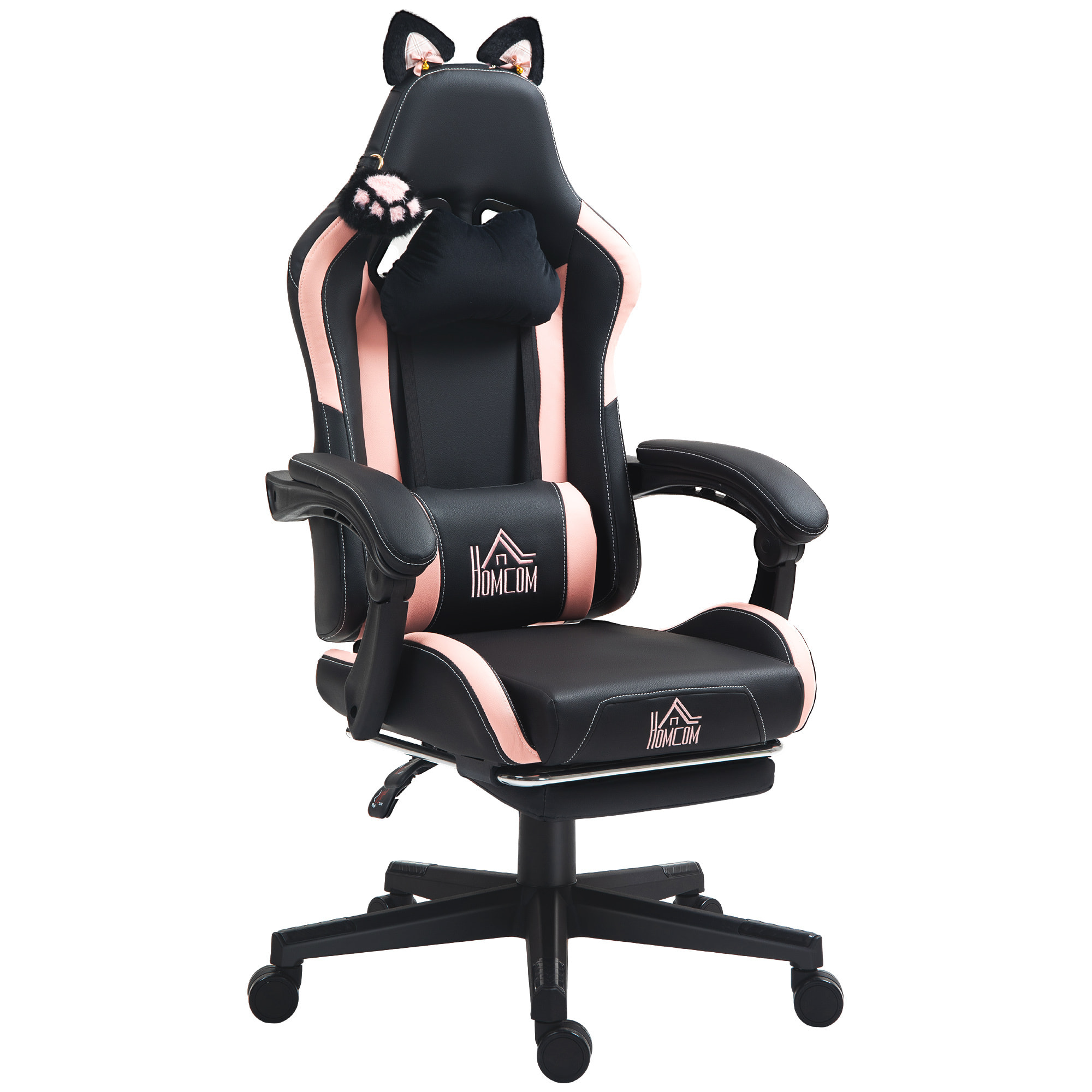 Chaise gaming design oreilles et patte de chat - inclinable, repose-pieds rétractable - rose noir