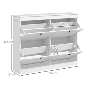 Mueble Zapatero Blanco Zapatero Estrecho con 4 Puertas Abatibles y Estantes Ajustables para 20 Pares de Zapatos Antivuelco para Recibidor Pasillo 150x24x82,5 cm