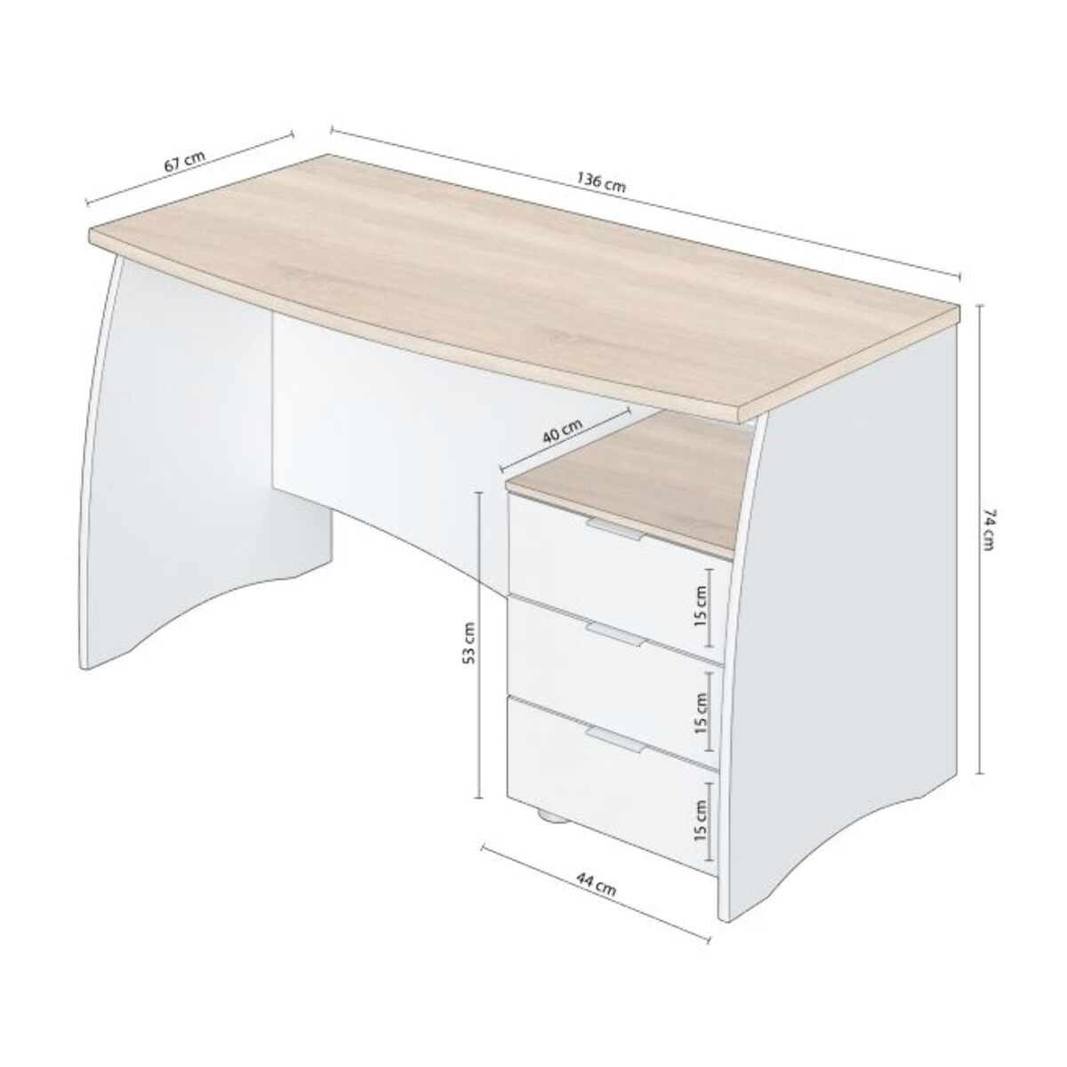 Mesa de escritorio Elan 3 cajones Blanco Artik (Blanco Mate) - Roble Canadian