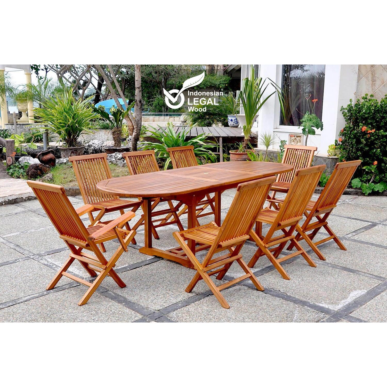 Table de jardin ovale 6 chaises et 2 fauteuils en teck huilé NARRA