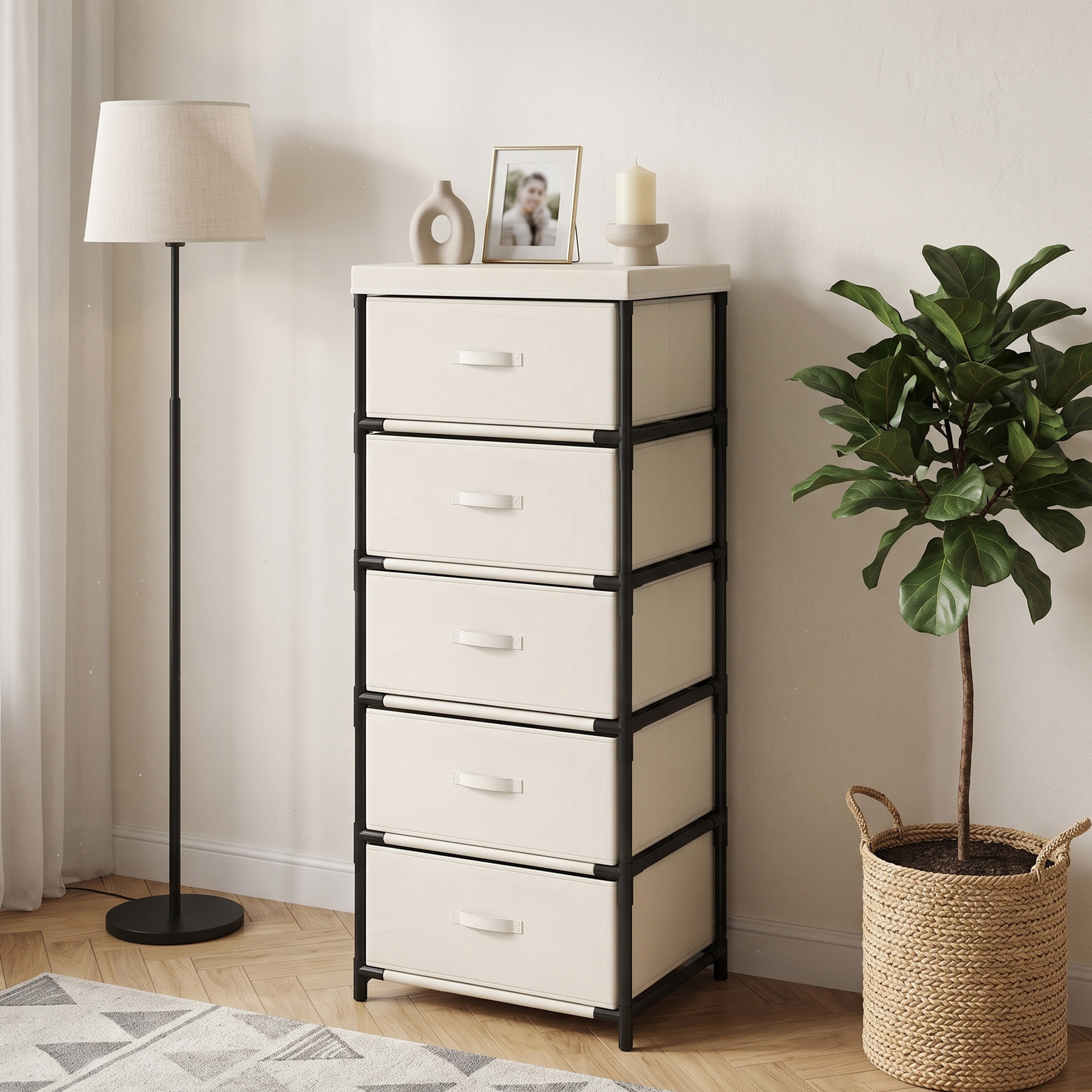 HOMCOM Cómoda con 5 Cajones de Tela, Cómoda para Dormitorio, Marco de Acero, Montaje Rápido, Cajonera para Salón, Oficina, Vestidor, Beige
