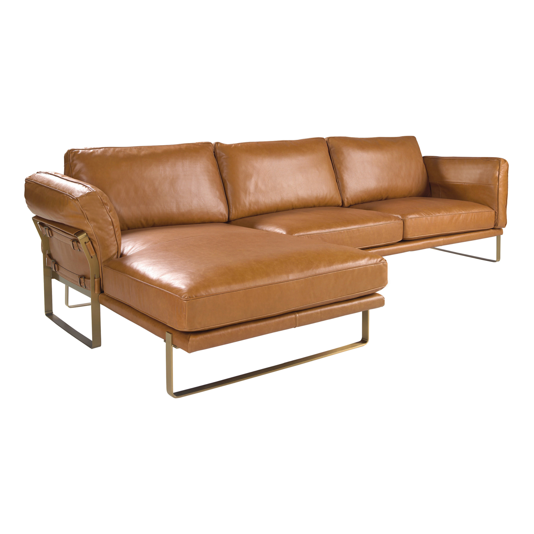 Sofá chaise longue Angel Cerdá izquierda de 5 plazas tapizado en piel de origen vacuno en camel patas de acero inoxidable en dorado 302x166x84cm