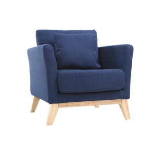 Fauteuil scandinave déhoussable en tissu bleu foncé et bois clair OSLO