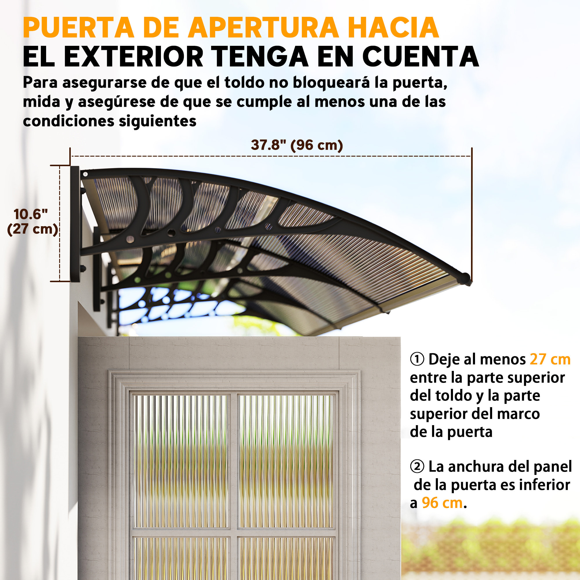 Marquesinas Exterior para Puertas y Ventanas, 303x96 cm, Tejadillo de Protección contra Sol y Lluvia, con Cubierta de Policarbonato, Soportes de PP y Regleta de Aluminio, Marrón