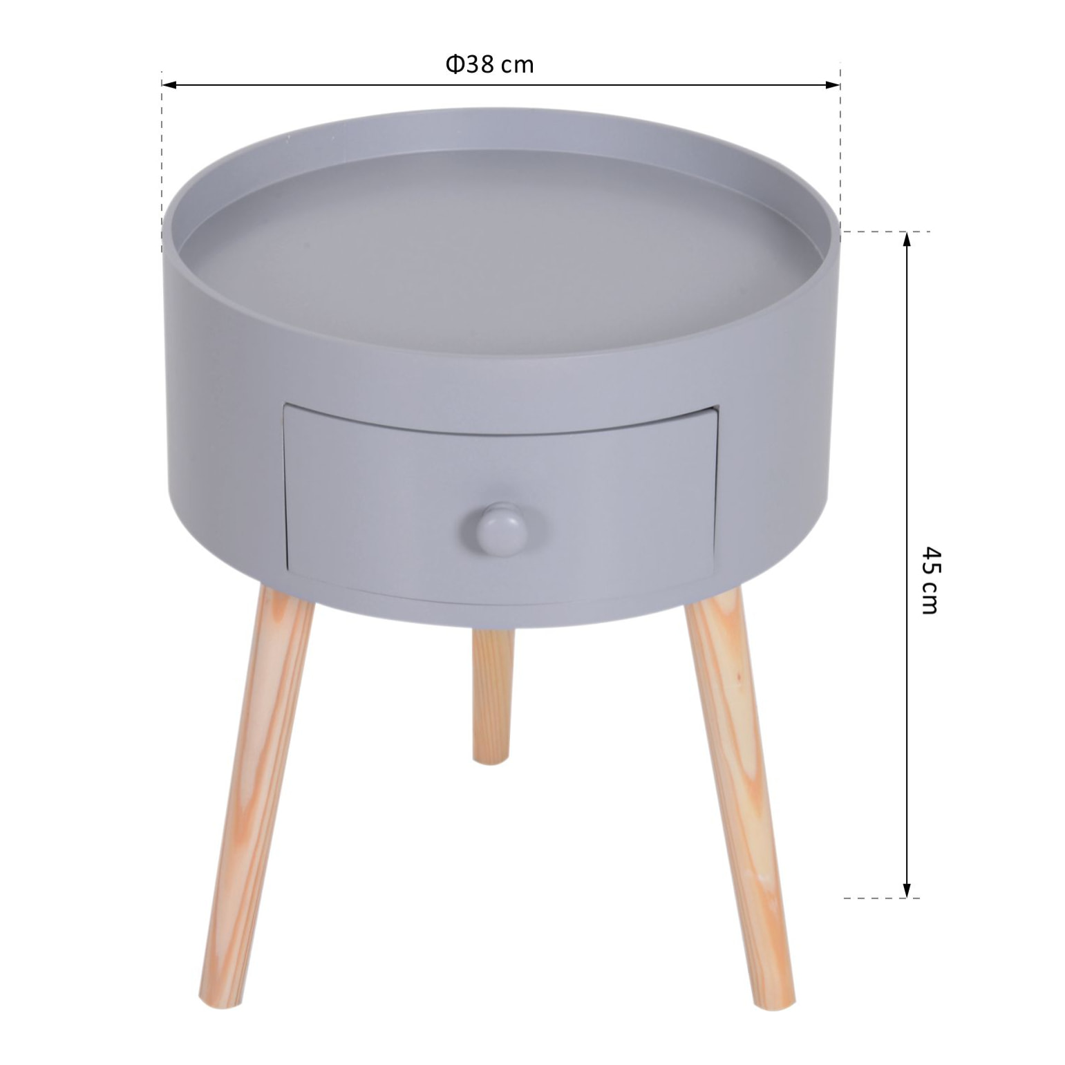 Chevet table de nuit ronde design scandinave tiroir bicolore pieds effilés inclinés bois massif chêne clair gris
