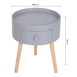 Chevet table de nuit ronde design scandinave tiroir bicolore pieds effilés inclinés bois massif chêne clair gris
