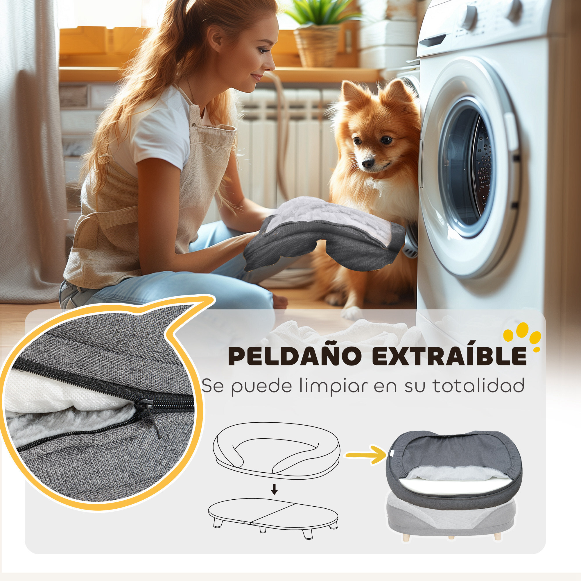 Sofá para Perros Medianos y Grandes Sofá para Mascotas con Parte Superior Desmontable Funda Lavable y Patas de Madera Carga 25 kg 90x78x25 cm Gris