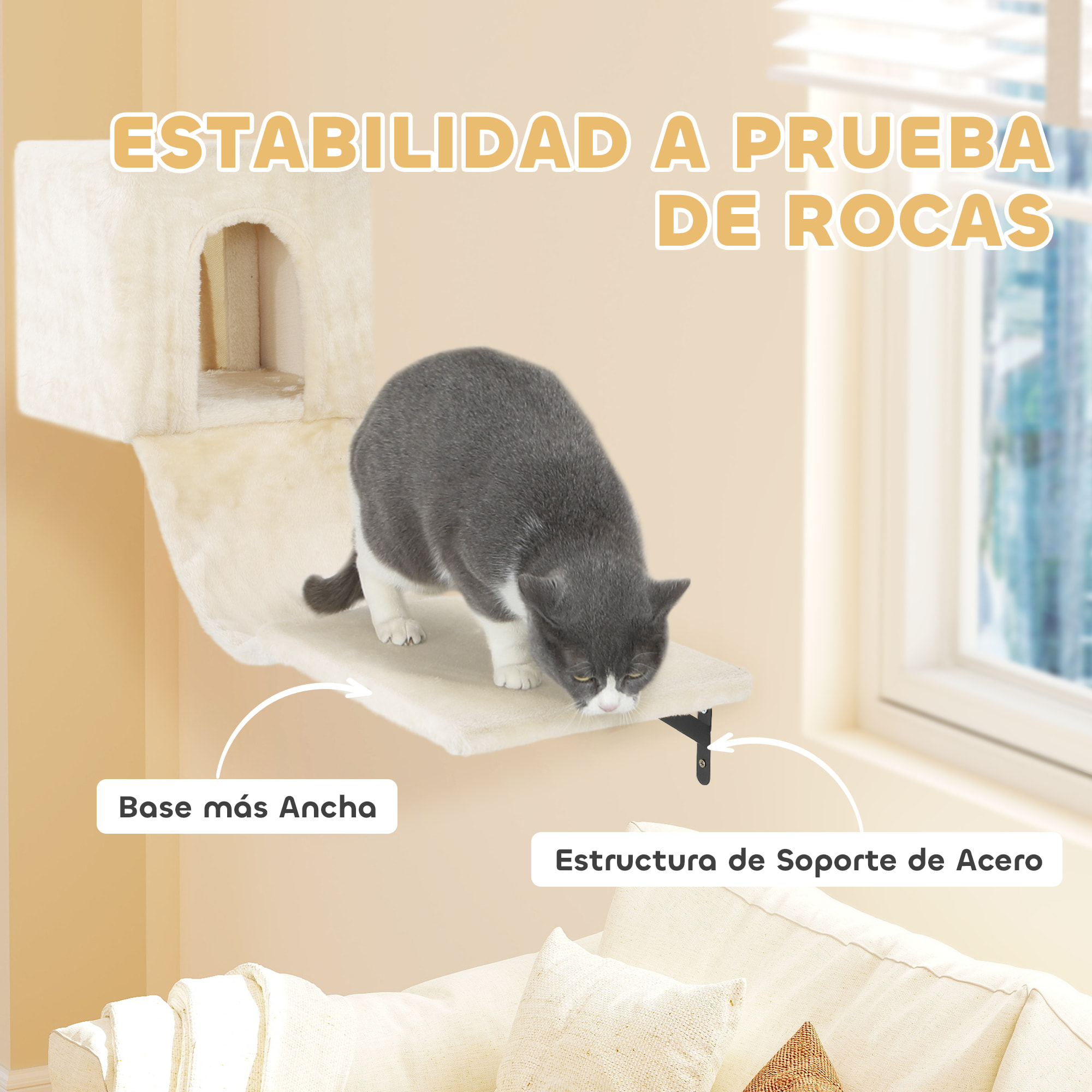 Juego de Pared de Escalada para Gatos de 6 Piezas Estanterías para Gatos con Condominio Plataforma Hamaca Escaleras Percha Tabla Rascador Poste de Sisal Bola de Juguete Beige