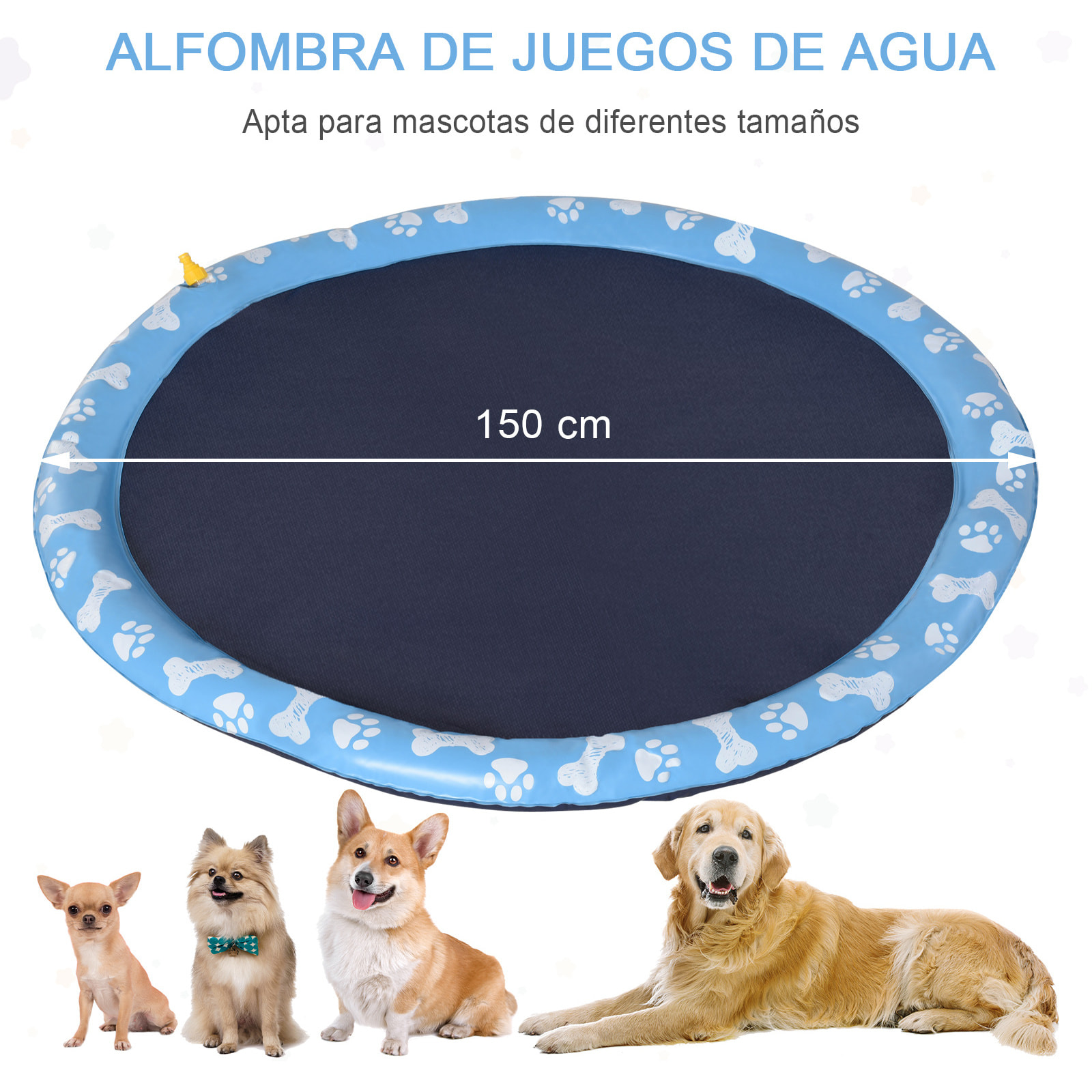 Splash Pad Aspersor de Juegos de Agua 150cm para Mascotas Jardín Patio Azul