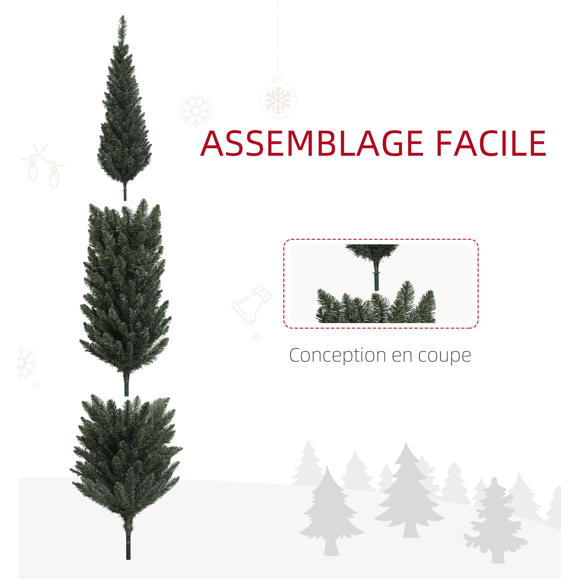 Sapin de Noël artificiel mince H.195 cm 390 branches vert foncé