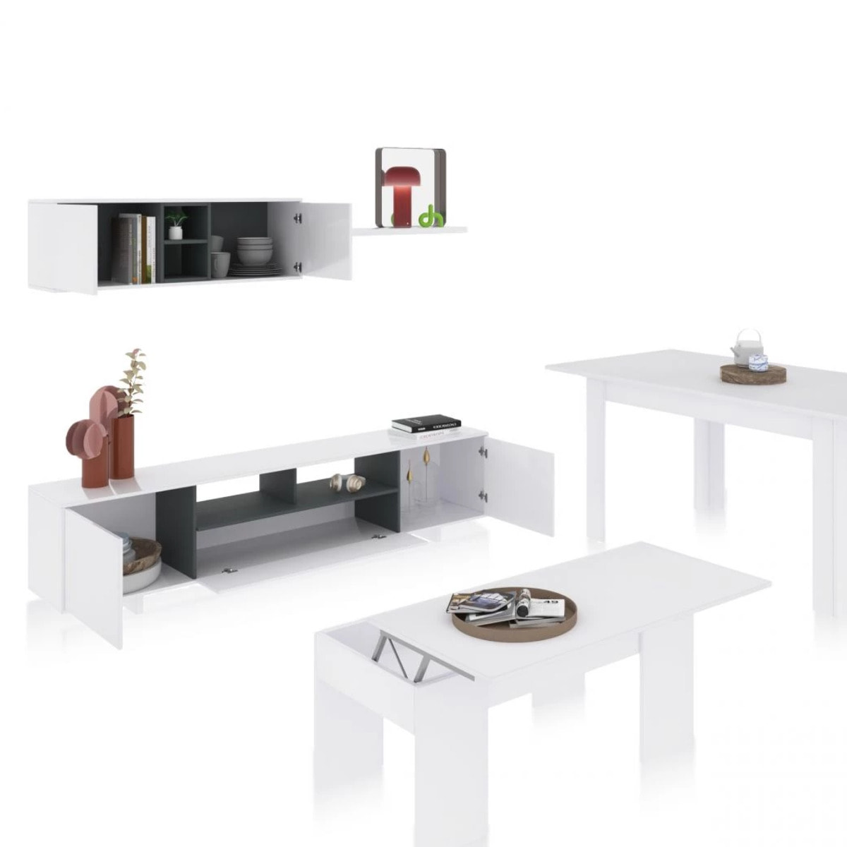 Pack salón con mesa de centro y mesa de comedor Kenzo Max V2B Blanco Brillo - Gris Antracita