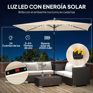 Sombrilla Terraza Exterior, 2,9x2,5 m, Sombrilla de Jardín con 24 Luces LED Solares, Dosel Inclinable, Poste Metálico, Parasol para Patio, Terraza, Crema