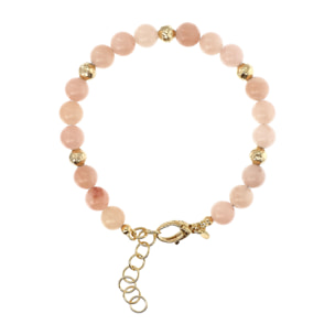 Bracciale in Argento 925 placcato Oro Giallo 18Kt con Elementi Martellati e Sfere in Avventurina Rosa Sfaccettata