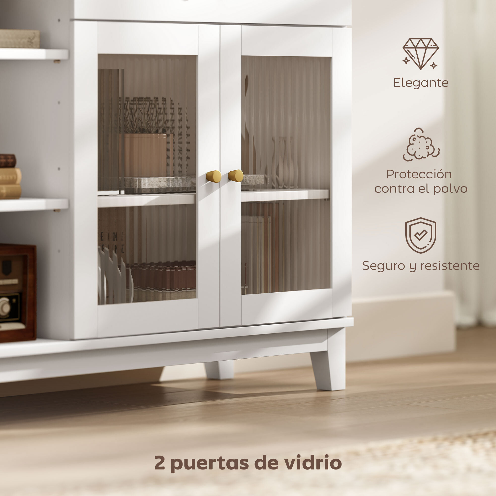 Aparador 2 Puertas de Vidrio Aparador para Salón Moderno con Cajón Compartimentos Abiertos y Estantes Ajustables para Comedor Entrada Blanco 100x35x80,3 cm