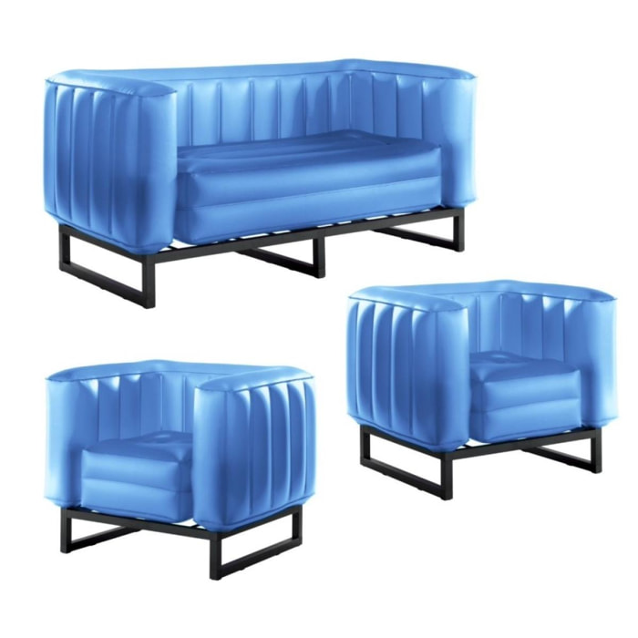 Salon en aluminium, 1 Canapé, 2 Fauteuils en TPU translucide Bleu