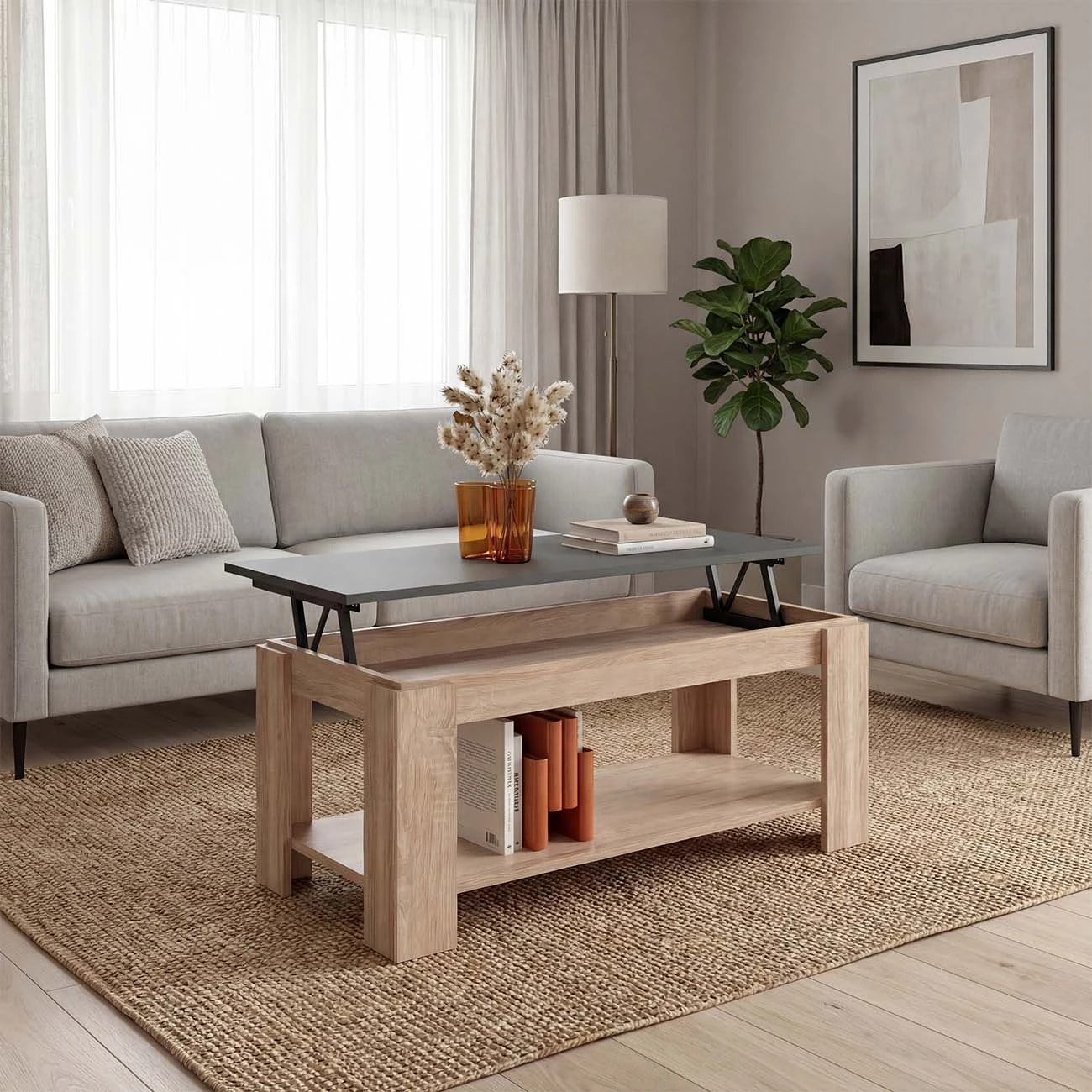 Mesa de centro elevable con almacenaje en roble canadian y gris grafito 102x43-54 cm Lya Roble Canadian - Gris Grafito