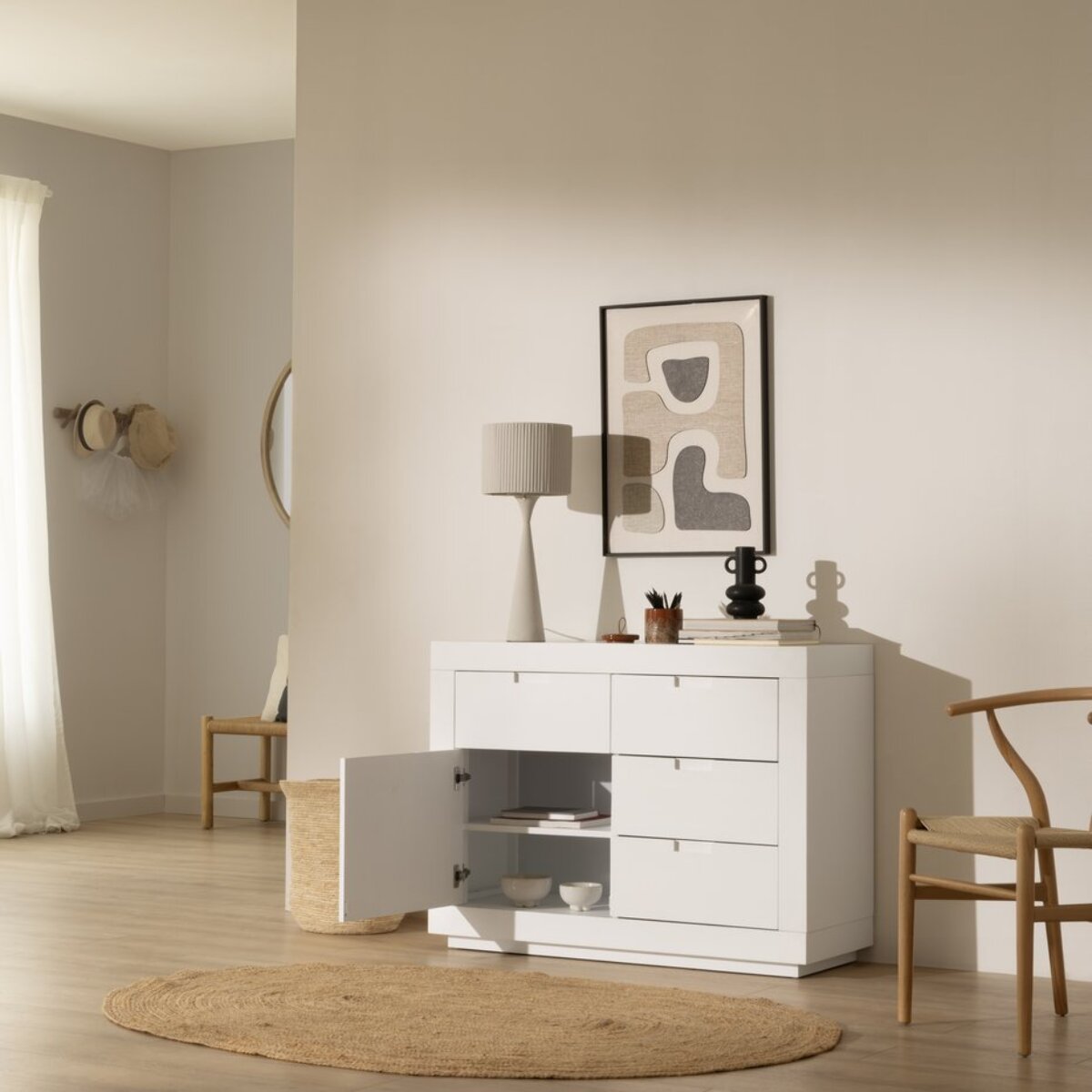 Commode Sisal -bois massif et panneau de mdf-couleur laqué blanc mat 115 x 85 x 43 cm