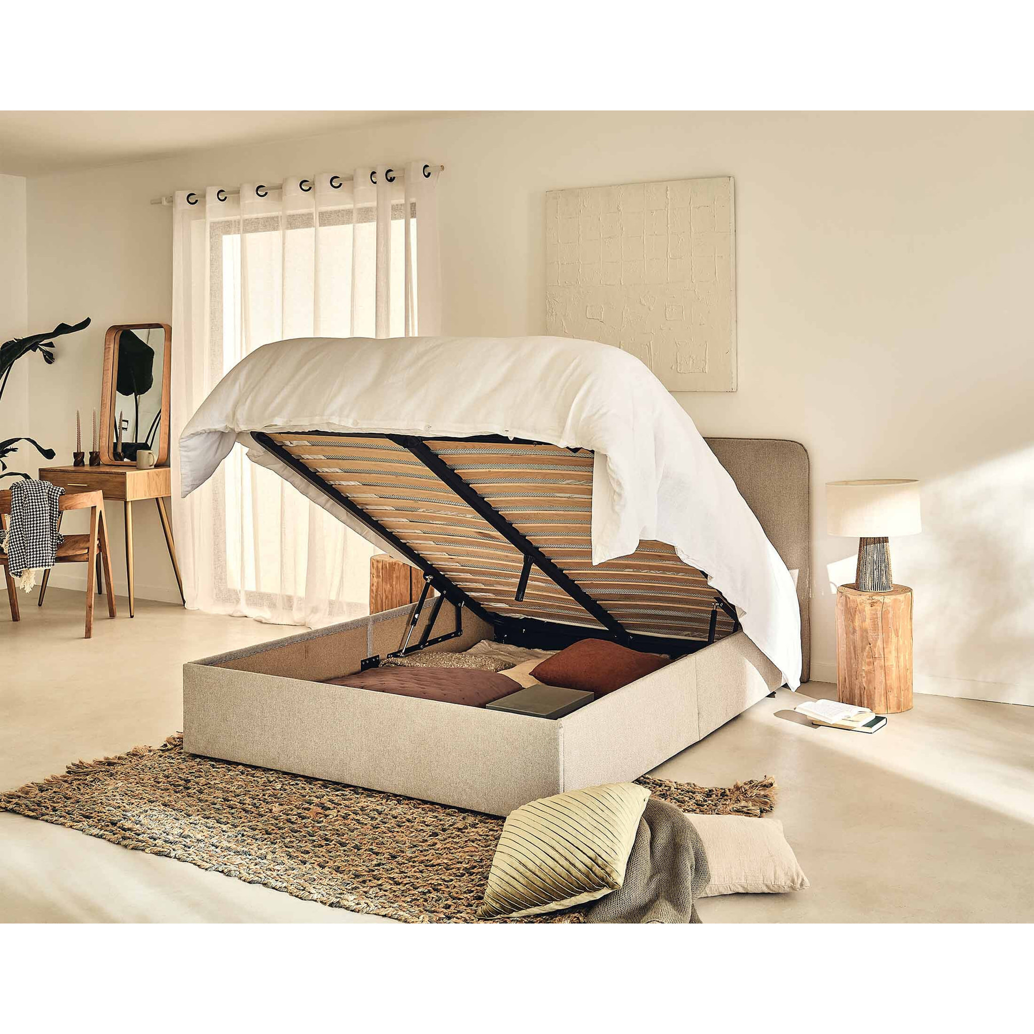Goyave - lit coffre - 160x200 - en tissu - sommier inclus - Beige