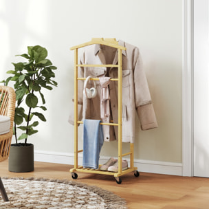 Galán de Noche de Bambú, Perchero con Ruedas, Colgadores de Ropa, Barras para Pantalones, Bandeja y Zapatero, Perchero Burro para Dormitorio, Pasillo, 47x33,7x105,5 cm, Natural
