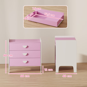 Commode 3 tiroirs pour enfant - commode design girly sur pieds bicolore blanc rose - 60 x 40 x 60 cm