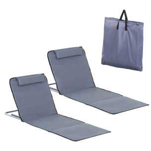 Conjunto de 2 Esterillas de Playa Plegable Esterillas con Respaldo Reclinable en 5 Niveles Reposacabezas y Bolsa de Transporte 134x48x33-43 cm Gris