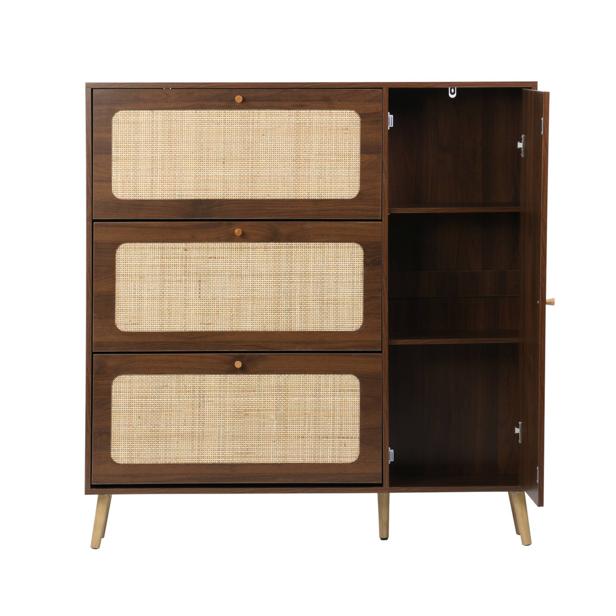 Meuble à chaussure cannage Bohème noyer. 3 abattants. 1 porte. 21 paires. 120 x 24 x 125 cm