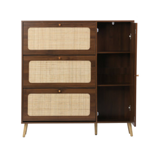 Meuble à chaussure cannage Bohème noyer. 3 abattants. 1 porte. 21 paires. 120 x 24 x 125 cm