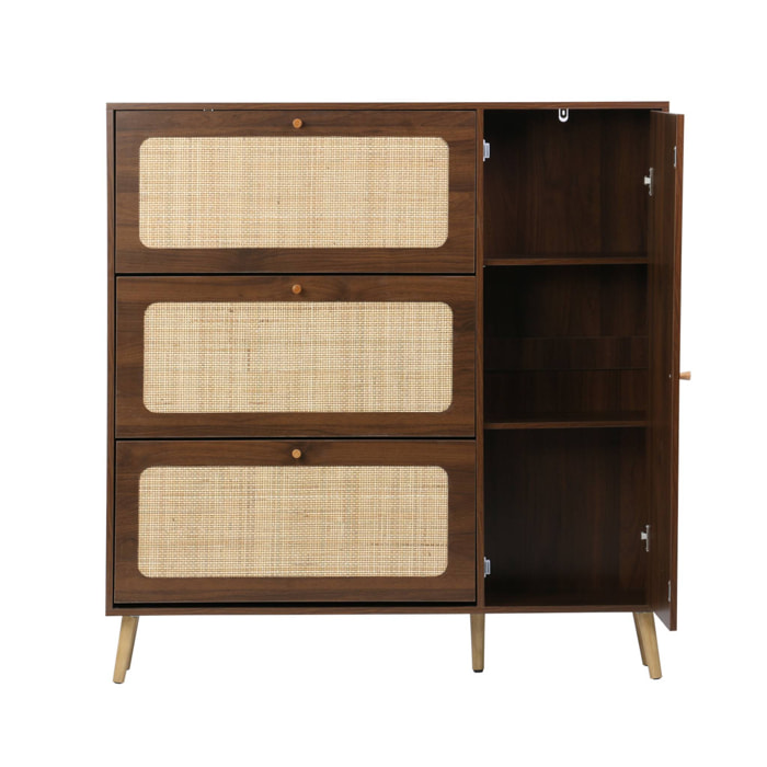 Meuble à chaussure cannage Bohème noyer. 3 abattants. 1 porte. 21 paires. 120 x 24 x 125 cm