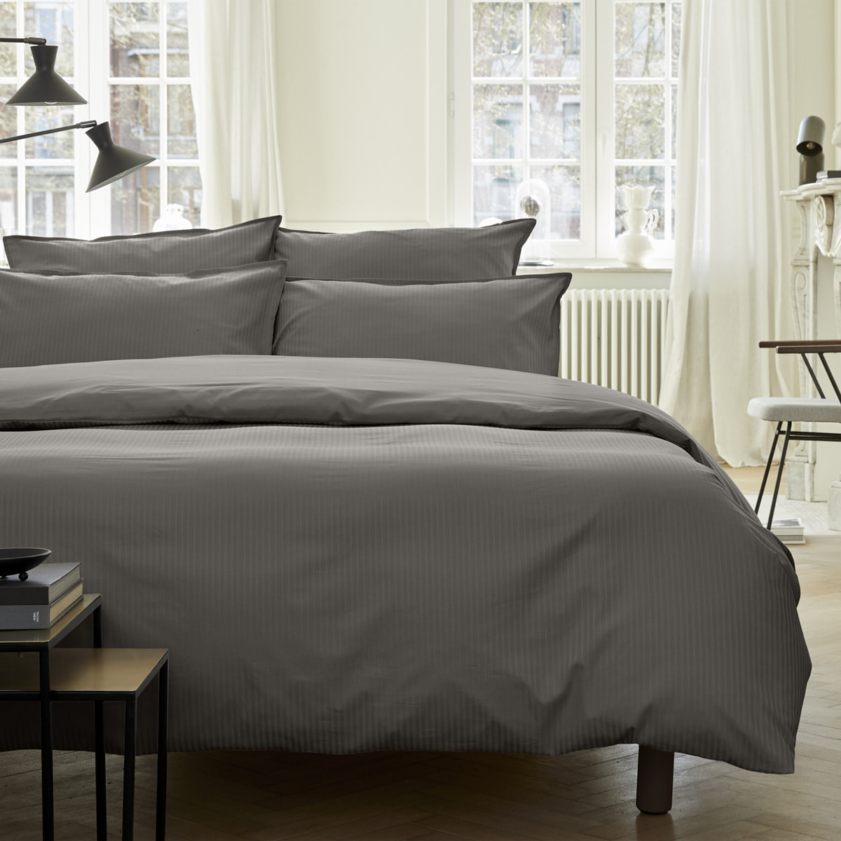 Drap plat unie en satin de coton, GRAND HOTEL, Gris Zinc