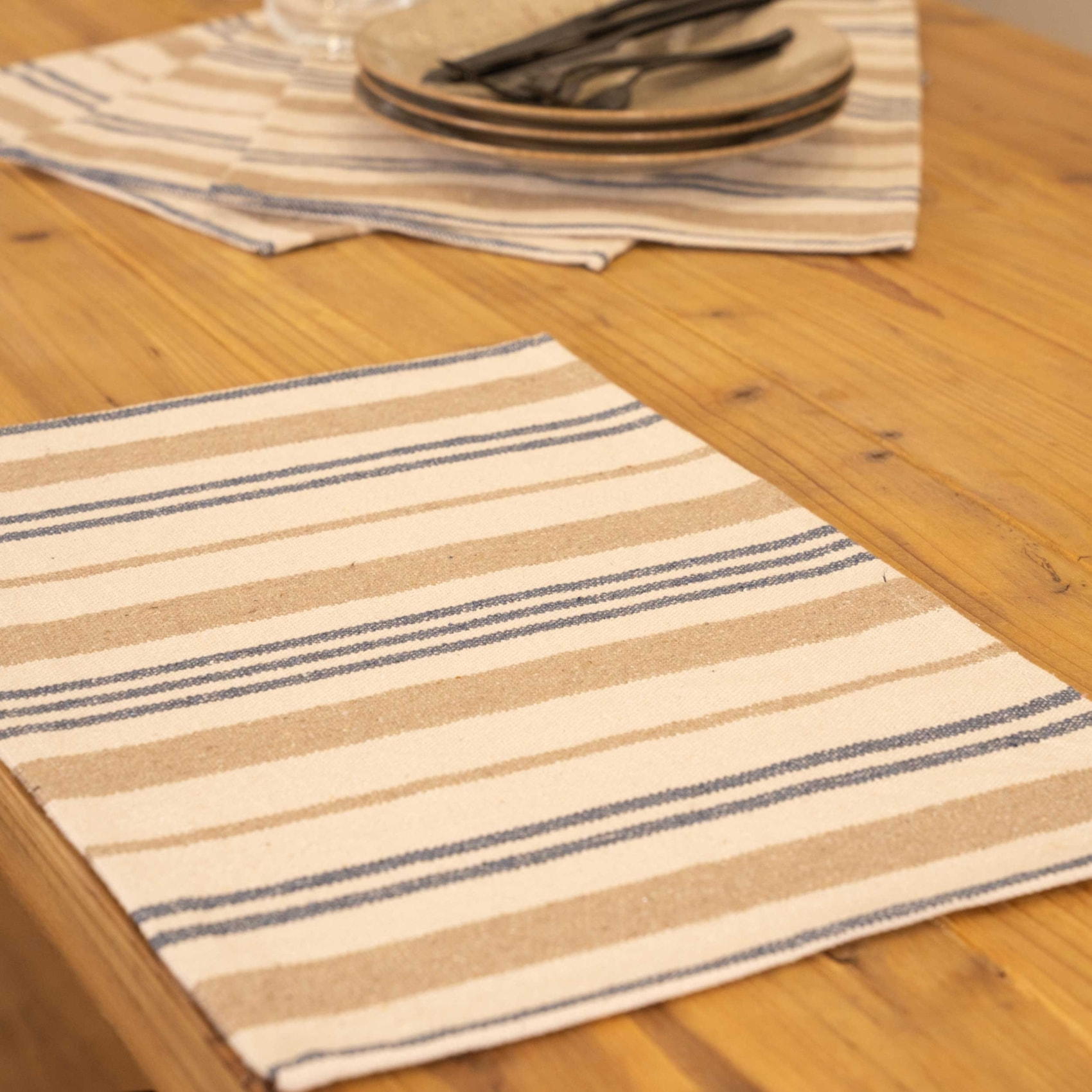 Set de table en coton épais rayures - Bleu Foncé