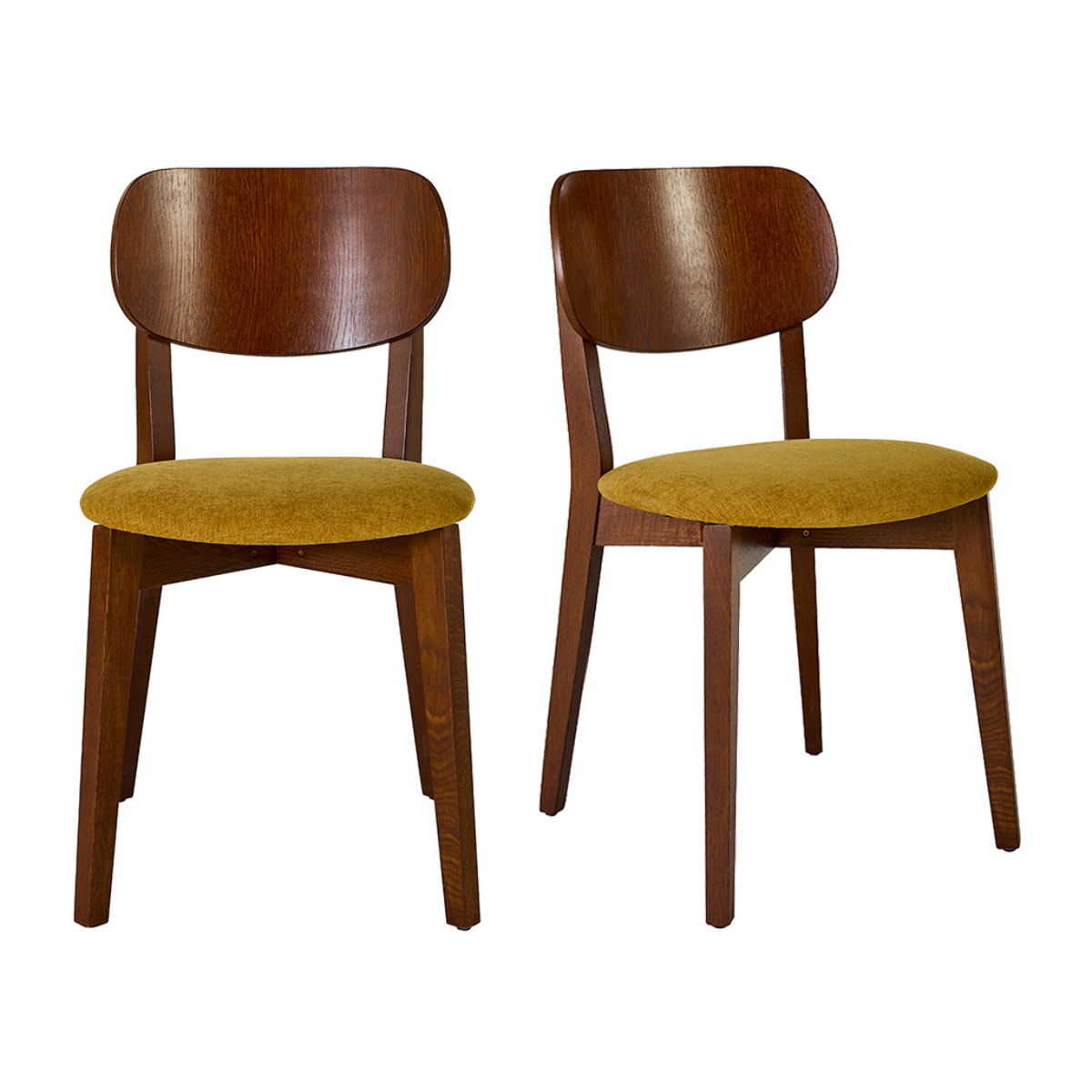 Chaises vintage en bois foncé chêne et tissu effet velours jaune moutarde (lot de 2) LUCIA