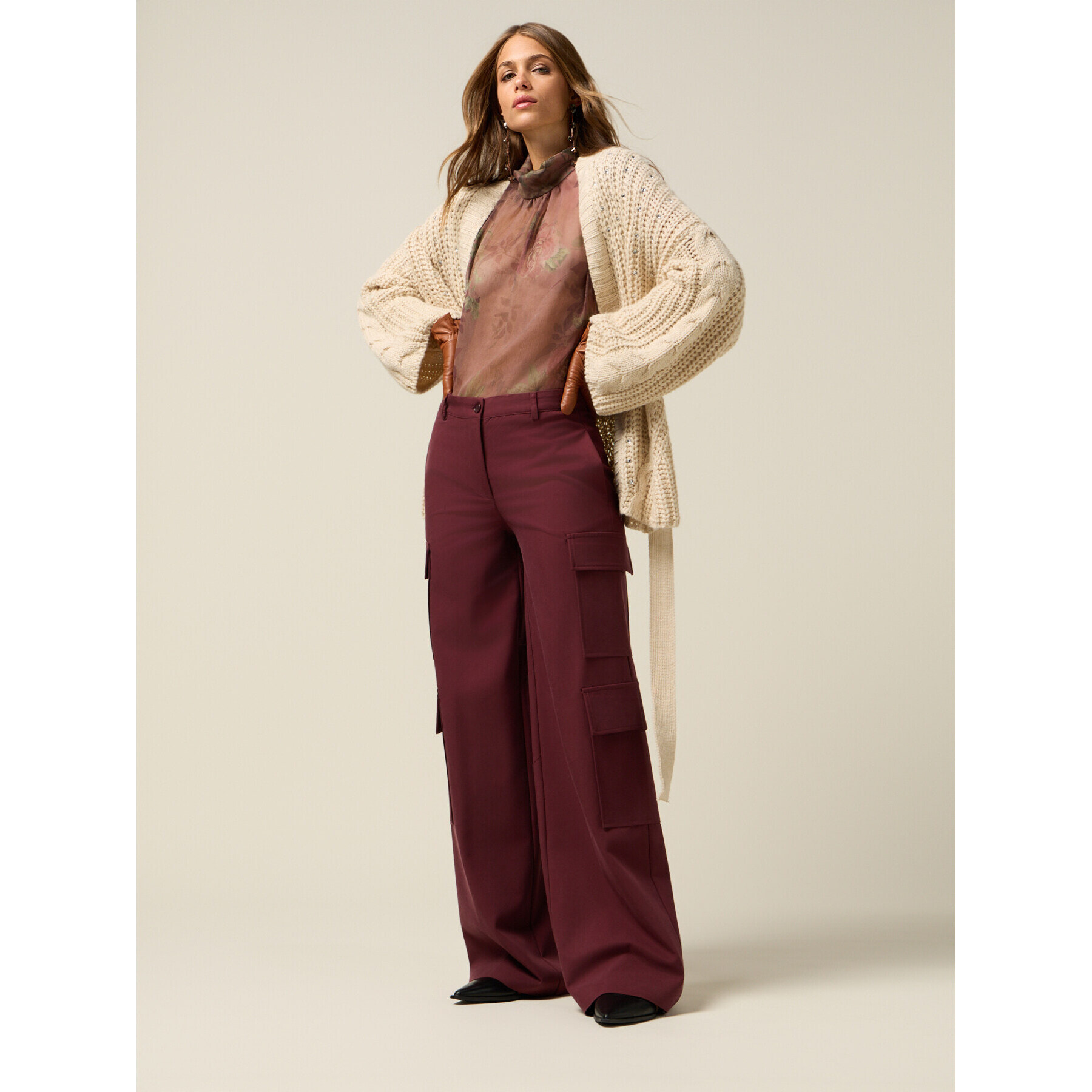 Oltre - Pantalones cargo mezcla de viscosa - Burgundy