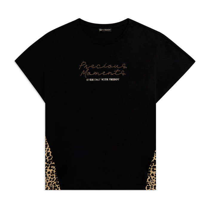 T-shirt Manica Corta con Inserti Animalier e Dettagli in Borchie