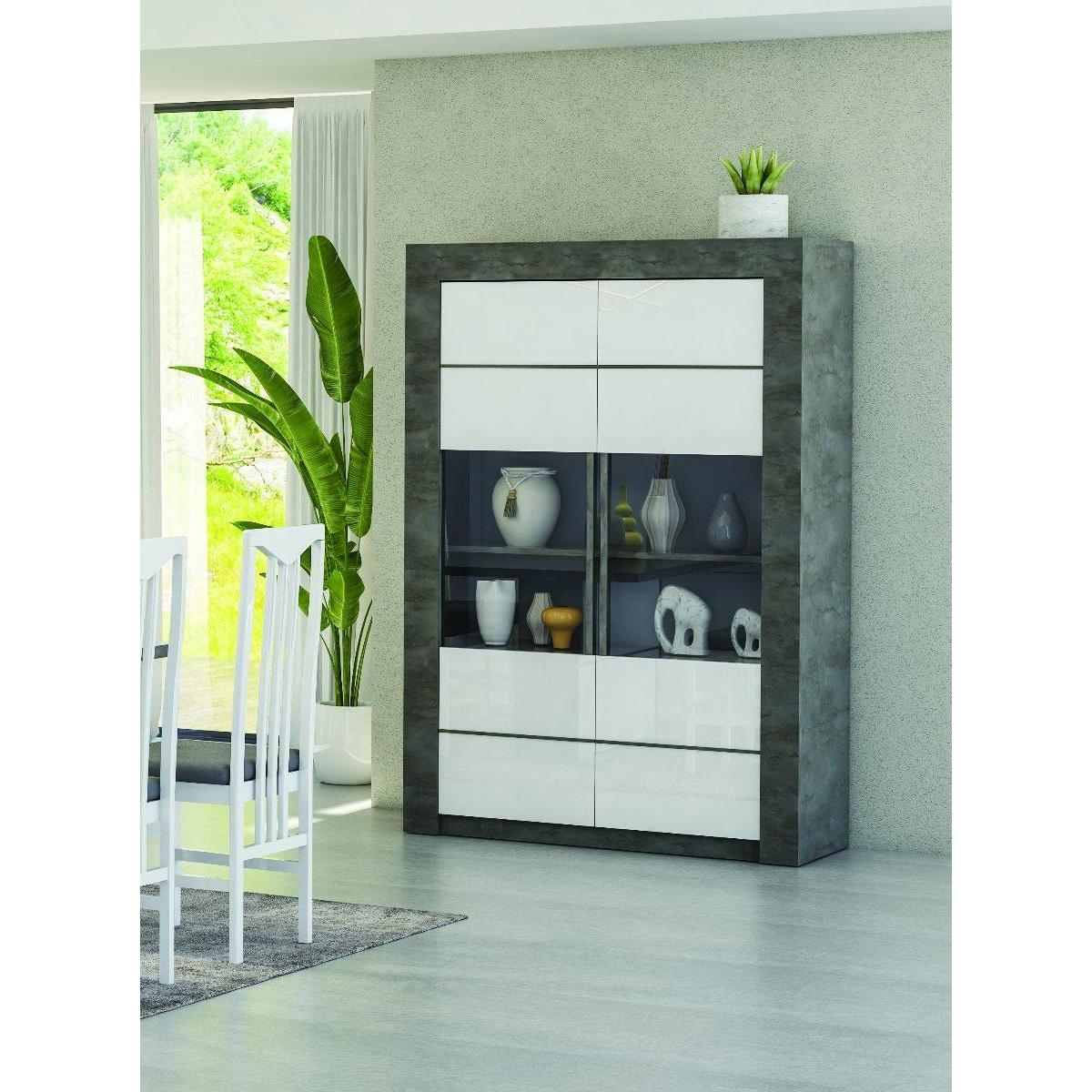 Credenza alta da cucina con 2 ante a vetro, Vetrinetta moderna con ripiani, Madia moderna scaffali, Made in Italy, cm 120x46xh170, colore Bianco e Ossido