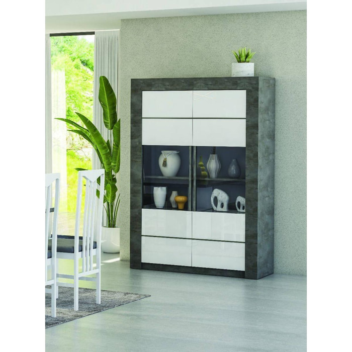 Credenza alta da cucina con 2 ante a vetro, Vetrinetta moderna con ripiani, Madia moderna scaffali, Made in Italy, cm 120x46xh170, colore Bianco e Ossido