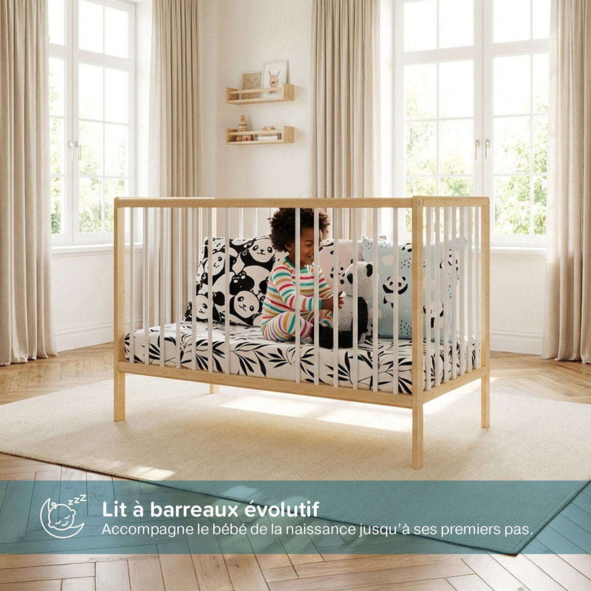 Lit Bébé Évolutif Mathis 60x120 cm, Couleur Bois Naturel & Blanc, Sommier Réglable 3 Hauteurs, Barreaux Amovibles, Lit Bébé Bois Massif