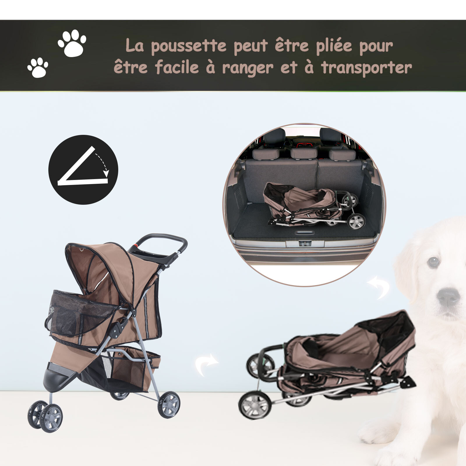 Poussette buggy pour chien chat animaux roue avant pivotante 360 degrés marron