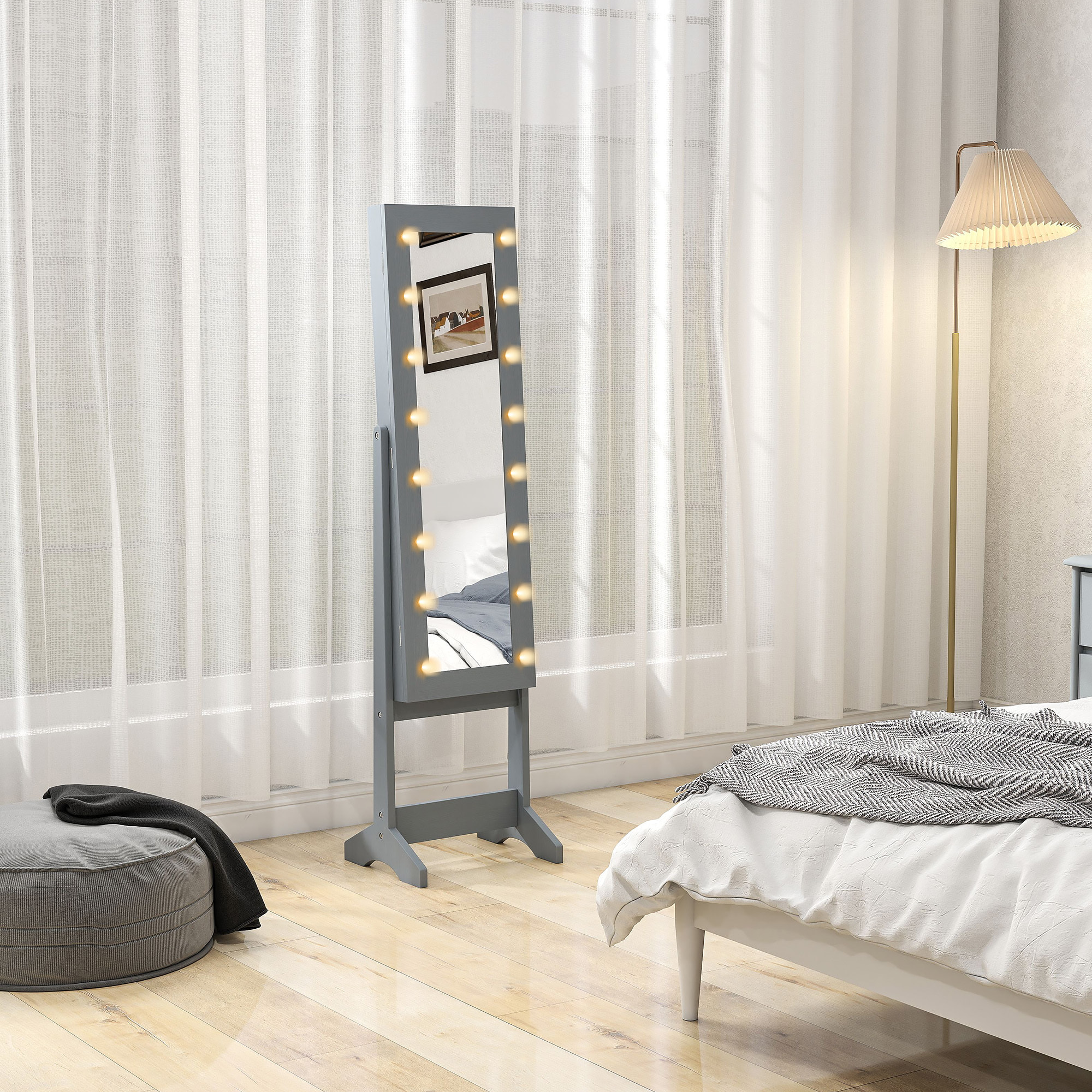 Espejo Joyero con Luces LED, Armario para Joyas, Armario Joyero de Pie con Espejo Entero, Ángulo Ajustable, con Estantes, Ranuras para Anillos, Gris