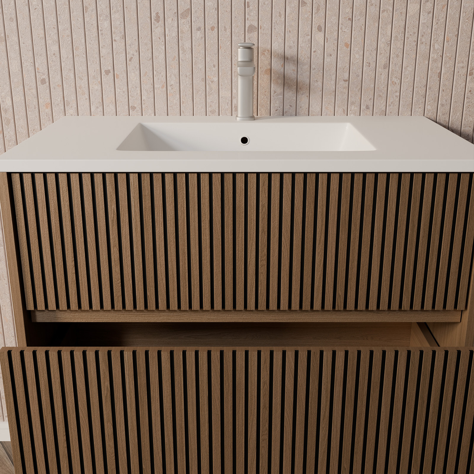 Meuble Salle de Bains YUKI 60 - 2 Tiroirs Décor Chêne et Noir - Vasque Blanche - Miroir LED 60