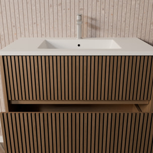 Meuble Salle de Bains YUKI 60 - 2 Tiroirs Décor Chêne et Noir - Vasque Blanche - Miroir LED 60