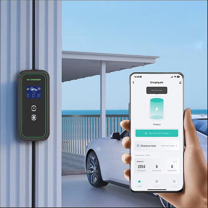 Cargador trifásico A01 para coche eléctrico Tipo 2, EV y PHEV, con 16A y 11KW. App de control y pantalla LCD.
