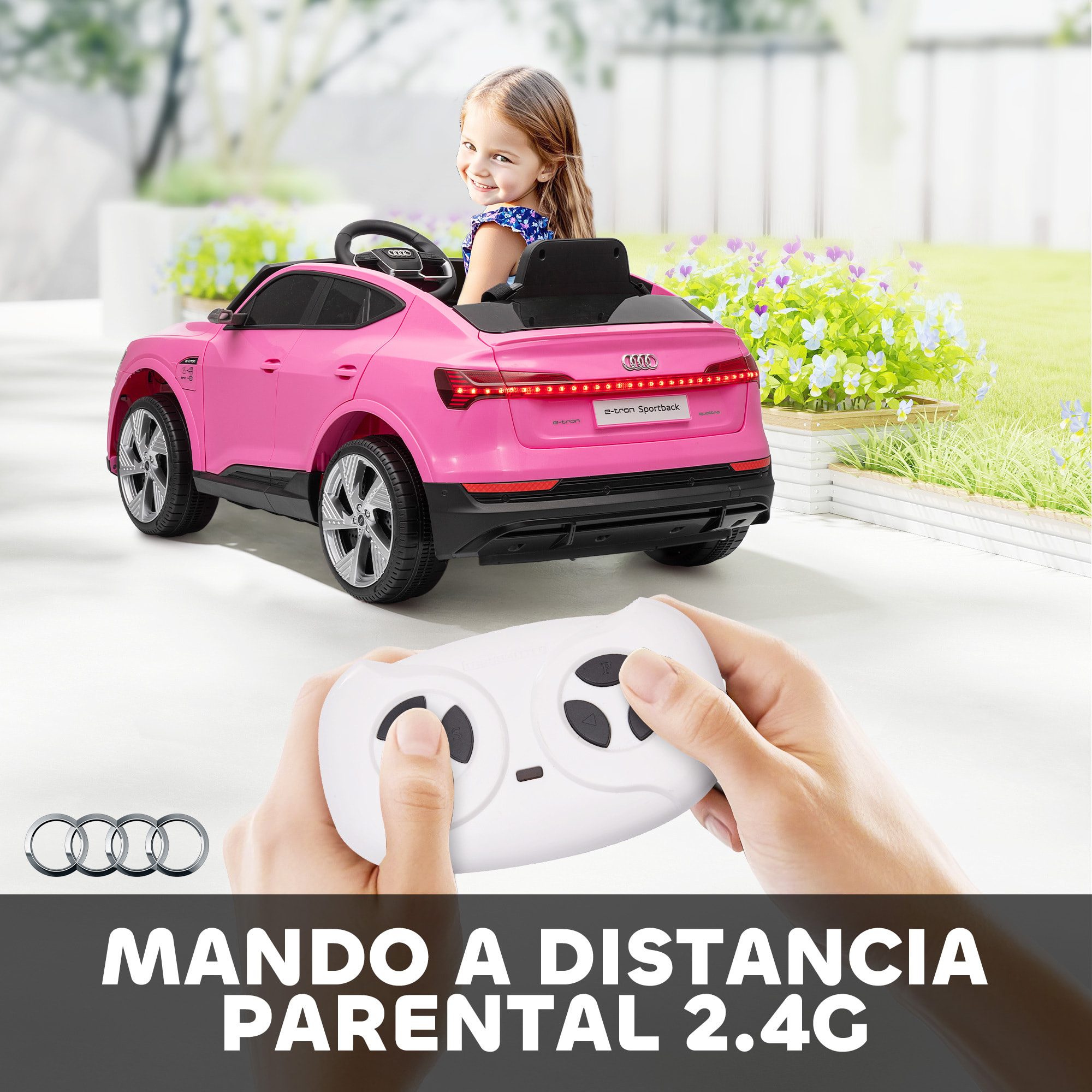Coche Eléctrico para Niños de +3 Años Audi E-tron, Coche de Batería 12V con Mando a Distancia, Faros LED, Bocina, Música, USB, Apertura de Puerta y Velocidad 3-5 km/h, Rosa