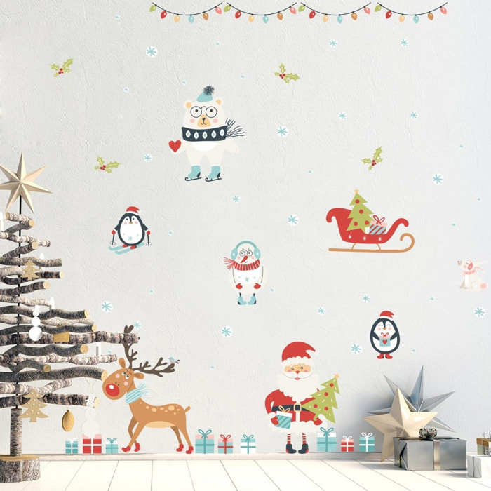 Sticker Noël le père noël et les animaux sous la neige de noël - Autocollants stickers adhésifs noël - décoration fêtes